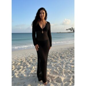Vestido Stylish largo M/L negro crochet mujer