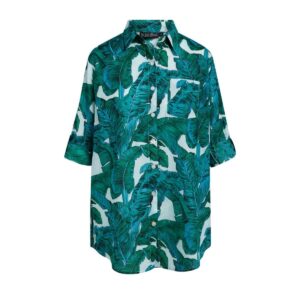 Camisa KikiSol larga con botones blanca con palmas verdes