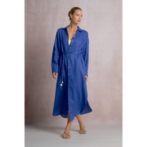 Vestido Elan largo con botones 100% lino azul