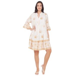 Vestido India Boutique corto M/L blanco con conchas doradas mujer