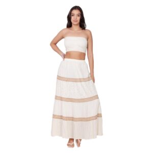 Falda India Boutique larga blanca con divisiones doradas mujer