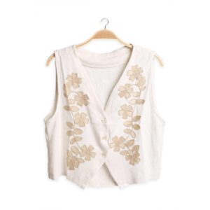 Chaleco Jasmine tipo lino biege con flores bordadas doradas